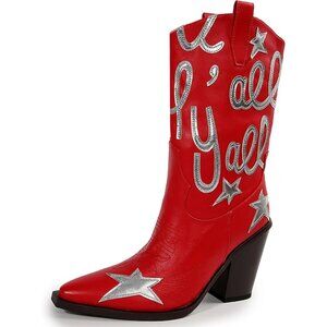 ⚡Women's Red Wide Calf Chunky Sole Block Heel Mid Calf Western Cowgirl Boots